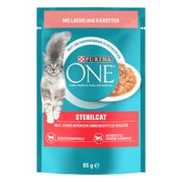 Purina ONE Sterilcat con salmone e carote, supporta il microbioma intestinale, il controllo del peso e le vie urinarie sane. Bustina da 85 g.