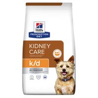 Confezione di Hill's Prescription Diet k/d per cani, testo visibile: SALUTE DEI RENI, simbolo ciotola cibo in alto a destra, marchio Hill's ben visibile.
