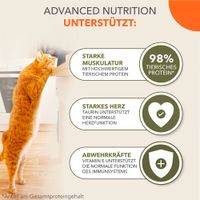 Advanced Nutrition unterstützt: Starke Muskulatur mit 98% tierischem Protein, starkes Herz durch Taurin, Abwehrkräfte durch Vitamin E. Anteil am Gesamtproteingehalt angegeben.