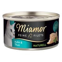 Miamor Feine Filets Naturell, Huhn & Thun, 100% Filet. Katzenfutter in Dose mit Abbildung von weisser Katze und Filetstücken.