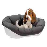 Letto per cani grigio con morbida imbottitura e struttura in plastica bianca.