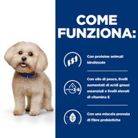 COME FUNZIONA: con proteine animali idrolizzate, olio di pesce, livelli aumentati di acidi grassi essenziali e vitamina E, miscela provata di fibre prebiotiche.