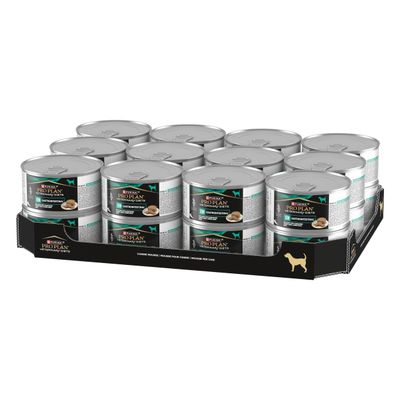 Purina Pro Plan Veterinary Diets EN Gastrointestinal, 12 tölkkiä mustassa pakkauksessa, tuotenimi ja koiran symboli näkyvissä.