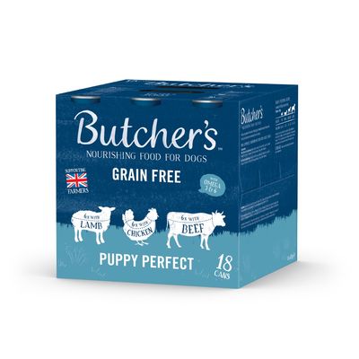 Butcher's nourishing food for dogs, grain free, contains 6 cans each with lamb, chicken and beef, supports British farmers, with omega 3 and 6, puppy perfect, pack of 18 cans.
