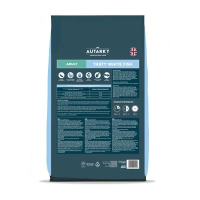 Back of pet food bag showing feeding guide, ingredient icons, nutritional information, and instructions for transitioning food over seven days. Label reads 'Adult Tasty White Fish'.