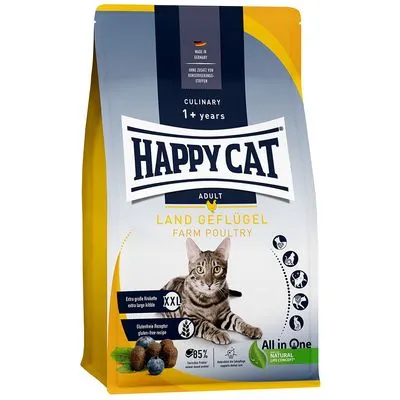 Happy Cat Adult Land Geflügel Farm Poultry kattenvoer, 1+ years, extra grote XXL brokken, glutenvrije receptuur, 85% dierlijke eiwitten, afbeelding van kat op de verpakking.