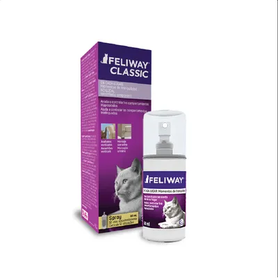 FELIWAY Classic spray 60 ml y caja. Ayuda a controlar comportamientos inadecuados en gatos, como arañazos verticales y marcaje urinario. Hasta 50 usos aproximadamente.