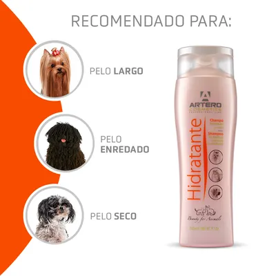 Champú hidratante Artero recomendado para pelo largo, enredado o seco. Texto visible: Champú Hidratante, Beauty for Animals, 250 ml. Imágenes de perros con diferentes tipos de pelaje. Champú hidratante Artero recomendado para pelo largo, enredado o seco. Texto visible: Champú Hidratante, Beauty for Animals, 250 ml. Imágenes de perros con diferentes tipos de pelaje.