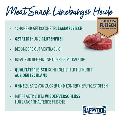 Meat Snack Lüneburger Heide: Schonend getrocknetes Lammfleisch, getreide- und glutenfrei, Qualitätsfleisch aus Deutschland, ohne Zucker und Konservierungsstoffe, mit praktischem Wiederverschluss.