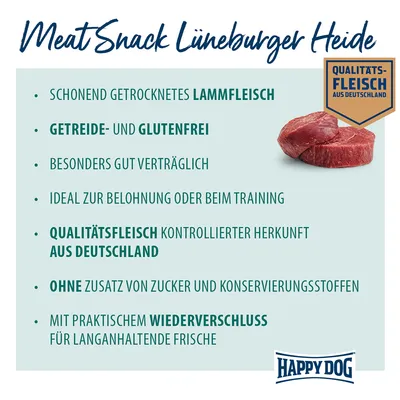 Texte en allemand : Meat Snack Lüneburger Heide, Qualitats-Fleisch aus Deutschland, Happy Dog. Liste d’atouts : viande d’agneau séchée, sans céréales ni gluten, origine contrôlée Allemagne.