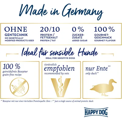 Made in Germany, sans OGM, 20/10 protéines/lipides, 0 % sucre ajouté, 100 % goût gourmet, 100 % recette sans céréales, recommandé par des vétérinaires, uniquement canard, Happy Dog. Texte en allemand/anglais.
