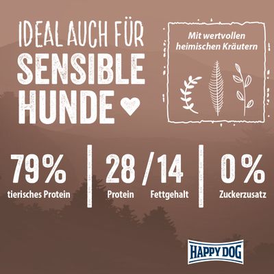 Ideal auch für sensible Hunde. Mit wertvollen heimischen Kräutern. 79% tierisches Protein, 28/14 Protein-Fettgehalt, 0% Zuckerzusatz. Happy Dog.