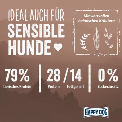Ideal auch für sensible Hunde. Mit wertvollen heimischen Kräutern. 79% tierisches Protein, 28/14 Protein-Fettgehalt, 0% Zuckerzusatz. Happy Dog.
