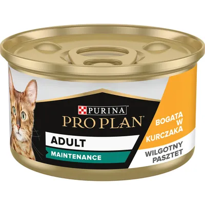 Purina Pro Plan Adult Maintenance, bogata w kurczaka, wilgotny pasztet. Opakowanie z wizerunkiem kota.