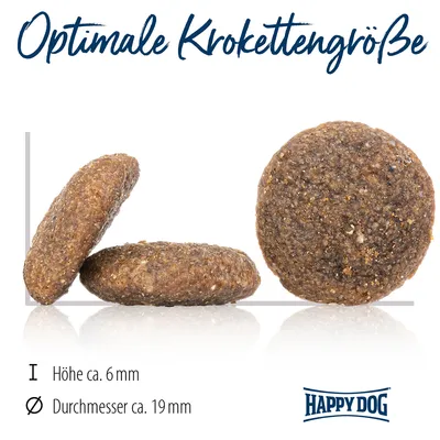 Optimale Krokettengrösse. Höhe ca. 6 mm, Durchmesser ca. 19 mm. Happy Dog Logo sichtbar.