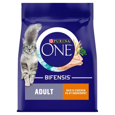 Purina ONE Bifensis Adult, rich in chicken as number one ingredient, shown on product packaging with image of a cat and chicken pieces.