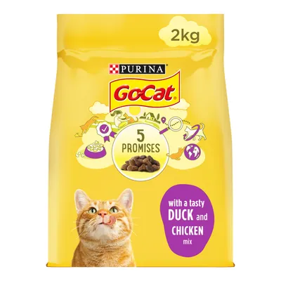2kg pack with '5 promises' and 'with a tasty duck and chicken mix' shown on the front, alongside images of food, animals, and a cat.