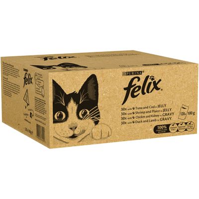 Verpakking Felix kattenvoer, 120 x 100 g. Zichtbare varianten: tonijn en kabeljauw in gelei, garnalen en schol in gelei, kip en nier in saus, eend en lam in saus.