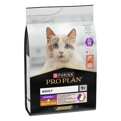 PURINA PRO PLAN Adult 1+ Hairball & Healthy Skin, main ingredient salmon, helps reduce hairball formation within 14 days, suitable for cats with healthy coats. PURINA PRO PLAN Adult 1+ Hairball & Healthy Skin, main ingredient salmon, helps reduce hairball formation within 14 days, suitable for cats with healthy coats.