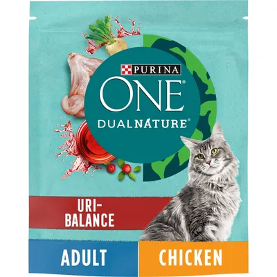 Purina ONE DualNature URI-Balance ADULT CHICKEN hrana za mačke, slika pakiranja s piletinom, brusnicama i mačkom na prednjoj strani.
