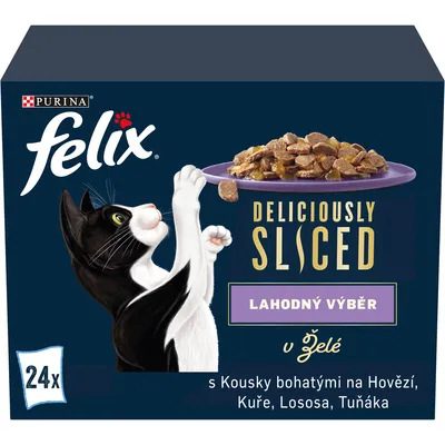 Purina felix DELICIOUSLY SLICED lahodný výběr v želé, 24×, s kousky bohatými na hovězí, kuře, lososa, tuňáka. Obal zobrazuje talíř s krmivem a kreslenou kočku.
