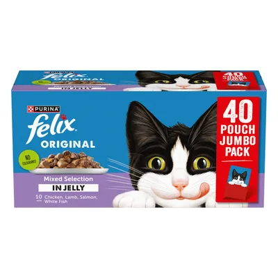 Felix Original Mixed Selection in Jelly, 40 pouch jumbo pack. Includes chicken, lamb, salmon and white fish. No colourants. Contains 10 pouches of each flavour.