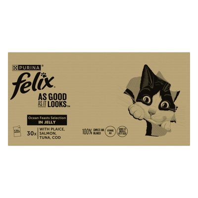 Felix As Good As It Looks Ocean Feasts Selection in Jelly, 30 packs with plaice, salmon, tuna, cod. 100% complete and balanced, contains vitamins A, E, source of omega 6 fatty acids.