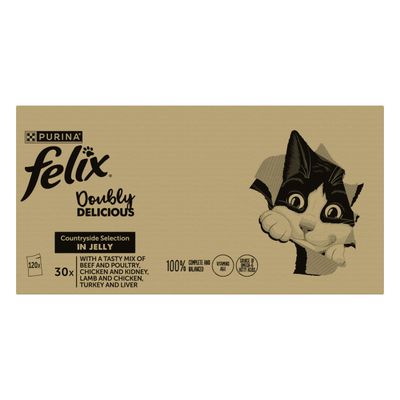 Felix Doubly Delicious Countryside Selection in Jelly, 30 packs with beef and poultry, chicken and kidney, lamb and chicken, turkey and liver. 100% complete and balanced.
