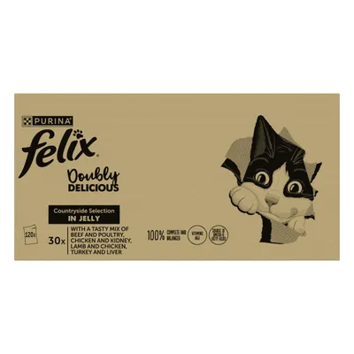Felix Doubly Delicious Countryside Selection in Jelly, 30 packs with beef and poultry, chicken and kidney, lamb and chicken, turkey and liver. 100% complete and balanced.