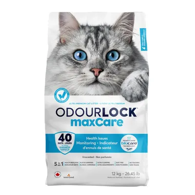OdourLock maxCare cat litter, 12kg bag. Features health issues monitoring, 40 days guarantee, unscented, ultra clumping, dust free, no tracking, and health indicator.