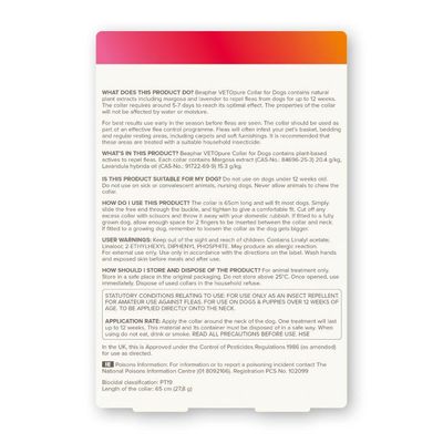 Product information for Beaphar VETOpure Collar, including usage instructions, ingredients, warnings, storage advice, and application directions. For use as an insect repellent on dogs over 12 weeks old.