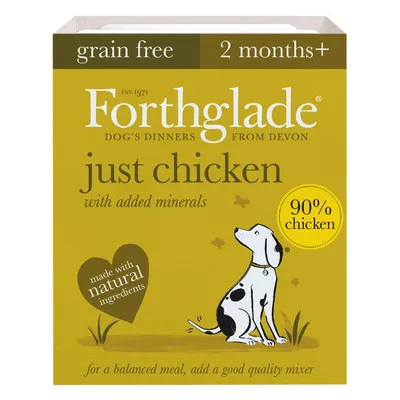 Grain free, 2 months plus, just chicken with added minerals, 90% chicken, made with natural ingredients. For a balanced meal, add a good quality mixer.