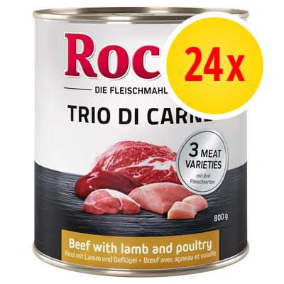Pack of 24 cans, each 800g, beef with lamb and poultry, trio di carne, contains 3 meat varieties as shown on label.