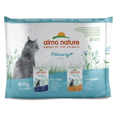 Almo Nature Urinary Help Multipack, 6x70g mokra karma dla dorosłych kotów. Warianty: z rybą i z kurczakiem. Wspierane przez Fondazione Capellino.