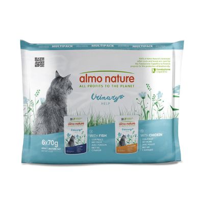 Almo Nature Urinary Help multipack, 6x70g comida húmeda para gatos adultos. Variedades: con pescado y con pollo. Apoyado por Fondazione Capellino.