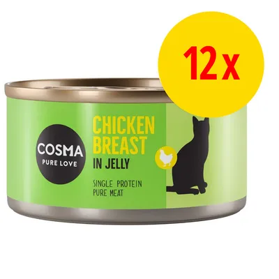 Lot de 12 boîtes Cosma Pure Love Chicken Breast in Jelly, Single Protein Pure Meat. Illustration de chat et poulet visibles sur l’emballage.