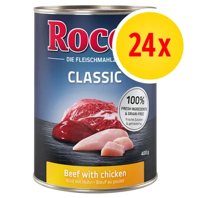 Pack of 24 cans, each 400g, labelled beef with chicken. 100% fresh ingredients and grain-free stated on packaging.
