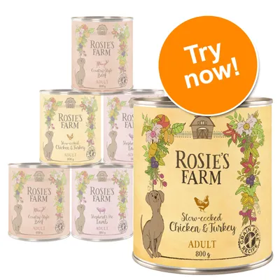 Rosie’s Farm Adult 800g tins, visible flavours: Slow-cooked Chicken & Turkey, Country-Style Beef, Shepherd’s Pie Lamb. Orange badge with white text: Try now!