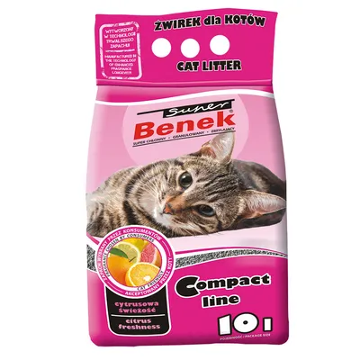 Super Benek Compact line kissanhiekka, sitrushedelmän tuoksu, 10 l. Pakkauksessa kuva harmaasta kissasta ja sitrushedelmistä. Teksti: cat litter, citrus freshness.