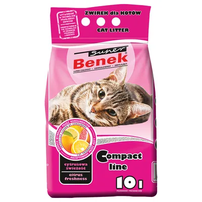 Litière pour chat Super Benek Compact line, fraîcheur agrumes, 10 l. Texte visible : cat litter, citrus freshness, super chłonny, granulowany, zbrylający.