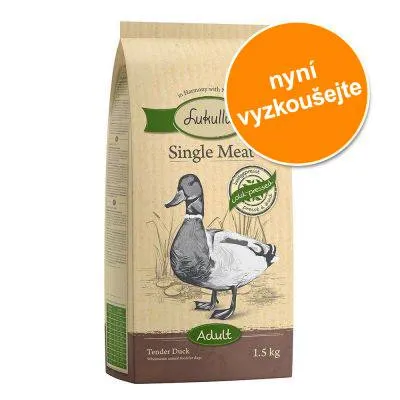 Lukullus Single Meat Adult Tender Duck 1,5 kg. Oranžový kruh s textem: nyní vyzkoušejte.
