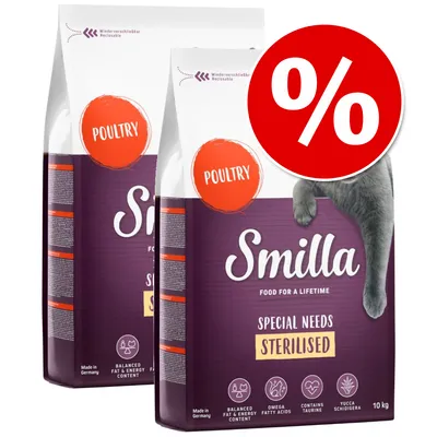 Smilla Special Needs Sterilised poultry cat food, 2 x 10kg bags, visible text: balanced fat & energy content, omega fatty acids, contains taurine, yucca schidigera, made in Germany, offer symbol