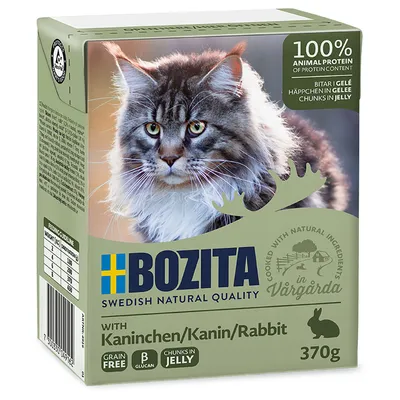Bozita Swedish Natural Quality, stukjes in gelei met konijn, 370g. 100% dierlijk eiwit, graanvrij, gekookt met natuurlijke ingrediënten in Vårgårda.