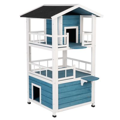 Katzenhaus Penthouse L 72 x B 72 x H 124 cm - blau / weiss