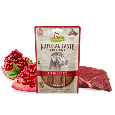 GranataPet Natural Taste Edler Snack Pferd. Kalt geformt, 100% natürlich, glutenfrei, hergestellt in der Schweiz. Zutaten: Granatapfel und frisches Pferdefleisch.
