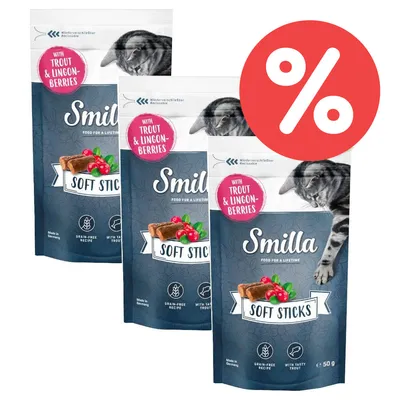Smilla Soft Sticks mit Forelle und Preiselbeeren, getreidefreie Rezeptur, hergestellt in Deutschland. Packung zeigt Katze und Produktabbildung. Rabatt-Symbol sichtbar.