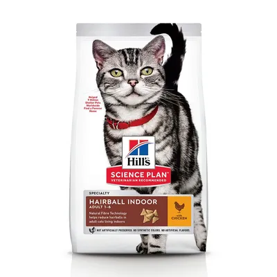 Упаковка корма для кошек Hill's Science Plan Hairball Indoor Adult 1–6 с курицей. Видна надпись: Natural Fibre Technology, помогает уменьшить комки шерсти у домашних кошек.