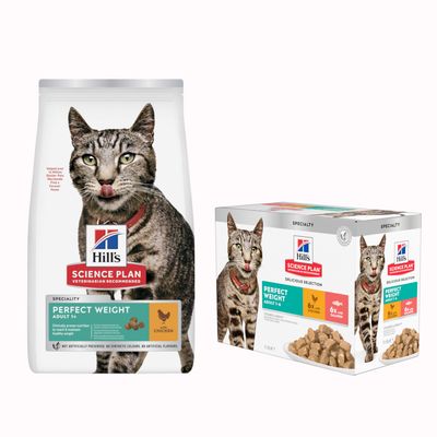 Hill's Science Plan ADULT 1-6 pour chats, croquettes au thon et sachet repas au poisson de l'océan. Texte visible : Bi-nutrition. Recommandé par les vétérinaires.
