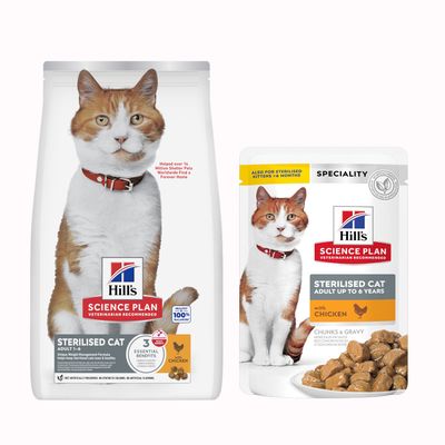 Hill's Science Plan ADULT 1-6 pour chats, croquettes au thon et sachet repas au poisson de l'océan. Texte visible : Bi-nutrition. Recommandé par les vétérinaires.