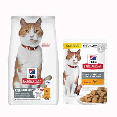 Pack bi-nutrition : 1 paquet de croquettes + 24 x 85 g de sachets Hill's Science Plan - Young Adult Sterilised (10 kg poulet + sachets poulet) Pack bi-nutrition : 1 paquet de croquettes + 24 x 85 g de sachets Hill's Science Plan - Young Adult Sterilised (10 kg poulet + sachets poulet)